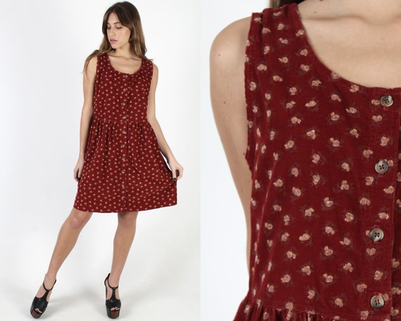 Burgundy Corduroy Dress With Pockets/ Maroon Calic