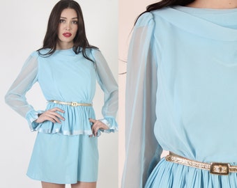 Sky Blue Sheer Chiffon Mini Dress, Disco Style Lightweight Frock With Peplum Waistline, Vintage 70s Dancing Outfit