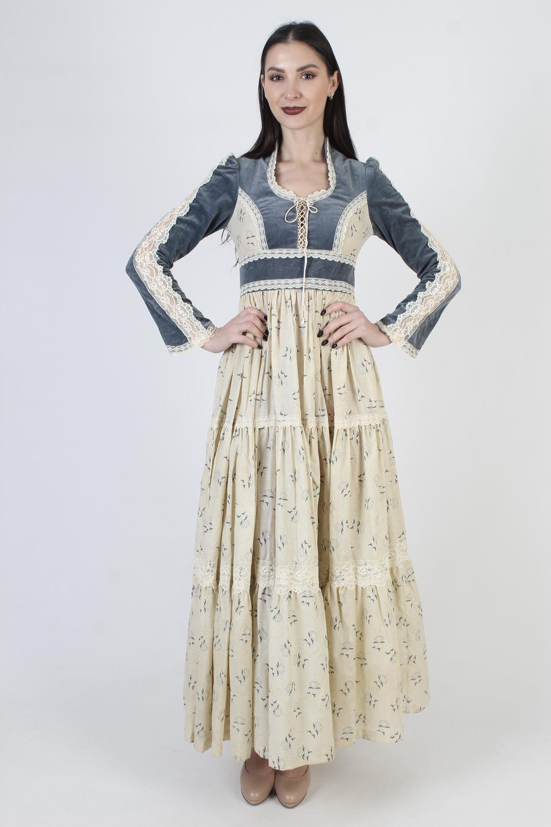 70s Gunne Sax Dress, Blue Velvet Lace up Corset, Vintage Renaissance