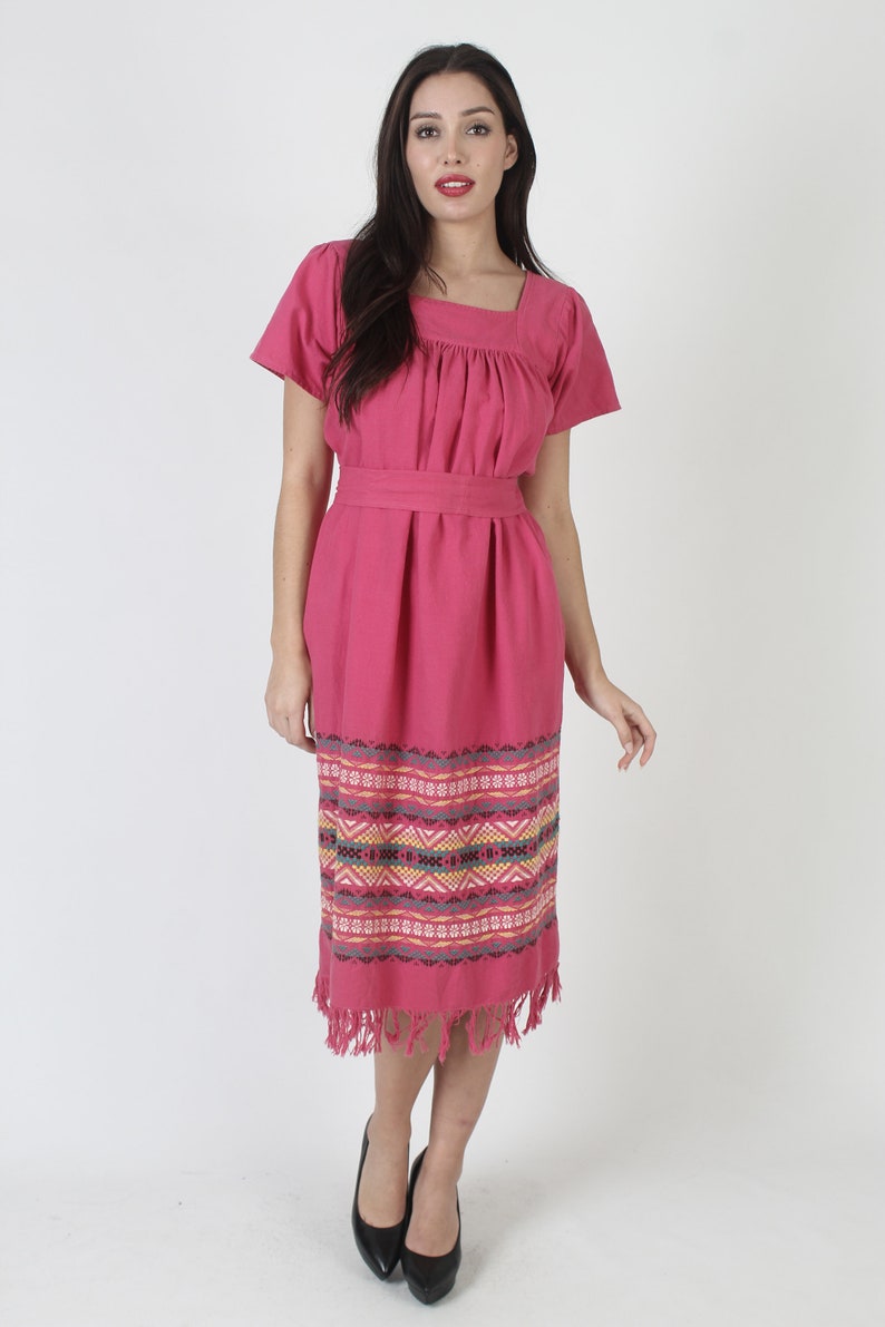 Traditional Aztec Embroidered Guatemalan Fringe Dress With Matching Waist Belt And Pockets image 6