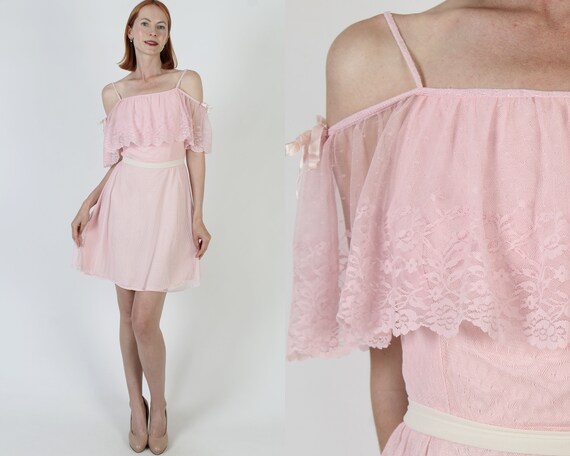 Plain Pink Barbiecore Mini Sundress Vintage 70s S… - image 1