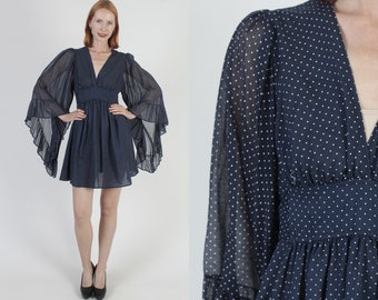 Swiss Dot Navy Blue Wrap Dress Kimono Angel Sleeve Bohemian Sundress Vintage 70s Lace Prairie Mini Dress