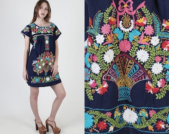 Navy Blue Mexican Dress Hand Embroidered Beach Cover Up Vintage Bright Floral Ethnic Fiesta Womens Flutter Sleeve Mini Dress