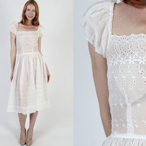 Classic 1900s Style Edwardian Eyelet Dress, Vintage 1940s Metal Side Zipper Gown, Old Fashion Antique Lawn Dress