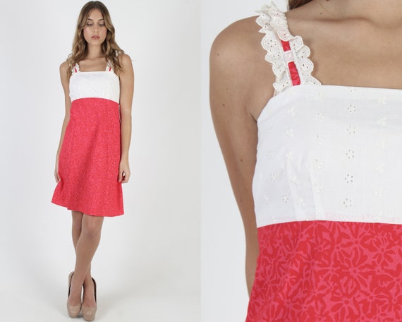 Red Eyelet Mini Dress / Hawaiian Floral Tiki Dress