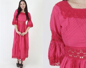 Magenta Bell Sleeve Mexican Dress, Crochet Lace Quinceanera Outfit, Pintuck Cotton Fiesta Maxi Dress