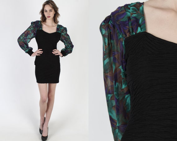 90s Black Wiggle Dress / Womens Sheer Floral Chif… - image 1