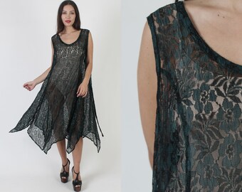 1990s Forrest Green Grunge Dress / Sheer Lace Hi Low Outfit / Vintage Tank Asym Hanky Hem Dress