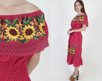 Hot Pink Mexican Off The Shoulder Fiesta Dress, Bright Colorful Sunflower Floral Embroidery, Womens Quinceanera Party Dress