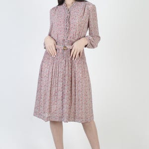 Romantic Floral Dress, Pink Belted Midi, Vintage Cocktail Party Attire, Lightweight Flower Fabric