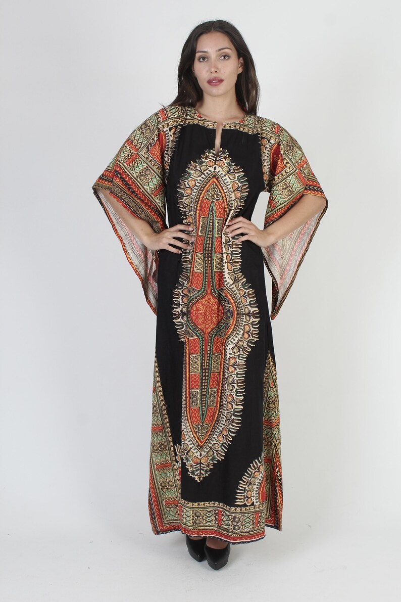70s Navy Dashiki Maxi Dress / Large Indian Bell Sleeve Ethnic Gown / Wing Kimono Style Angel Arms / Vintage Bohemian Festival Caftan image 2
