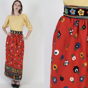 70s Renaissance Style Velvet Floral Skirt / Colorful Embroidered High Waistband / Pencil Column Long Maxi image 1