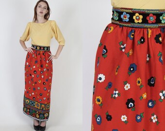 70s Renaissance Style Velvet Floral Skirt / Colorful Embroidered High Waistband / Pencil Column Long Maxi