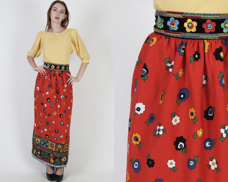 70s Renaissance Style Velvet Floral Skirt / Colorful Embroidered High Waistband / Pencil Column Long Maxi image 1