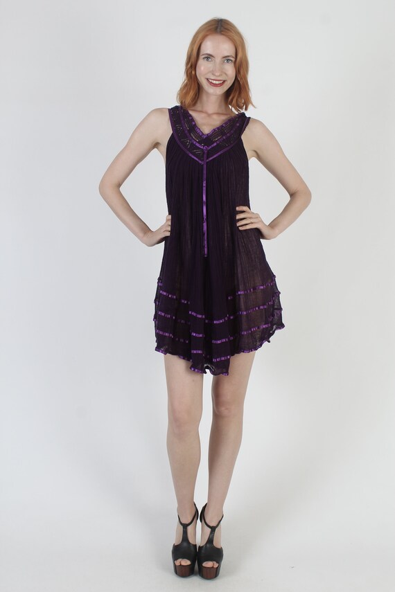 Purple Mexican Gauze Mini Dress Lightweight Thin … - image 3
