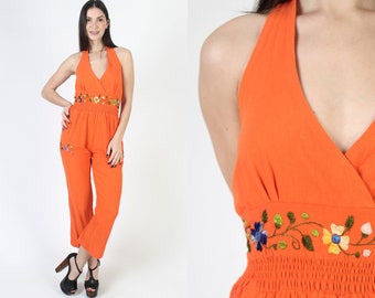 Low Cut Embroidered Mexican Jumpsuit, Vintage Orange Cotton Halter Playsuit, Skinny Leg Pant Suit With Pockets