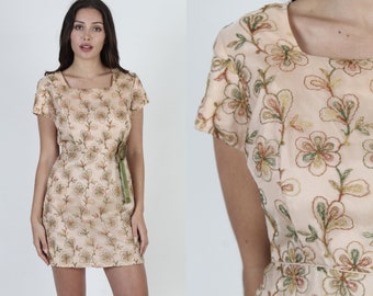 1950s Skin Tone Embroidered Floral Rockabilly Dress, Vintage Retro Needle Point Mini