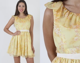 Neat Light Yellow Summer Party Dress / Vintage 70s High Waisted Frock / Casual Cocktail Hour Outfit