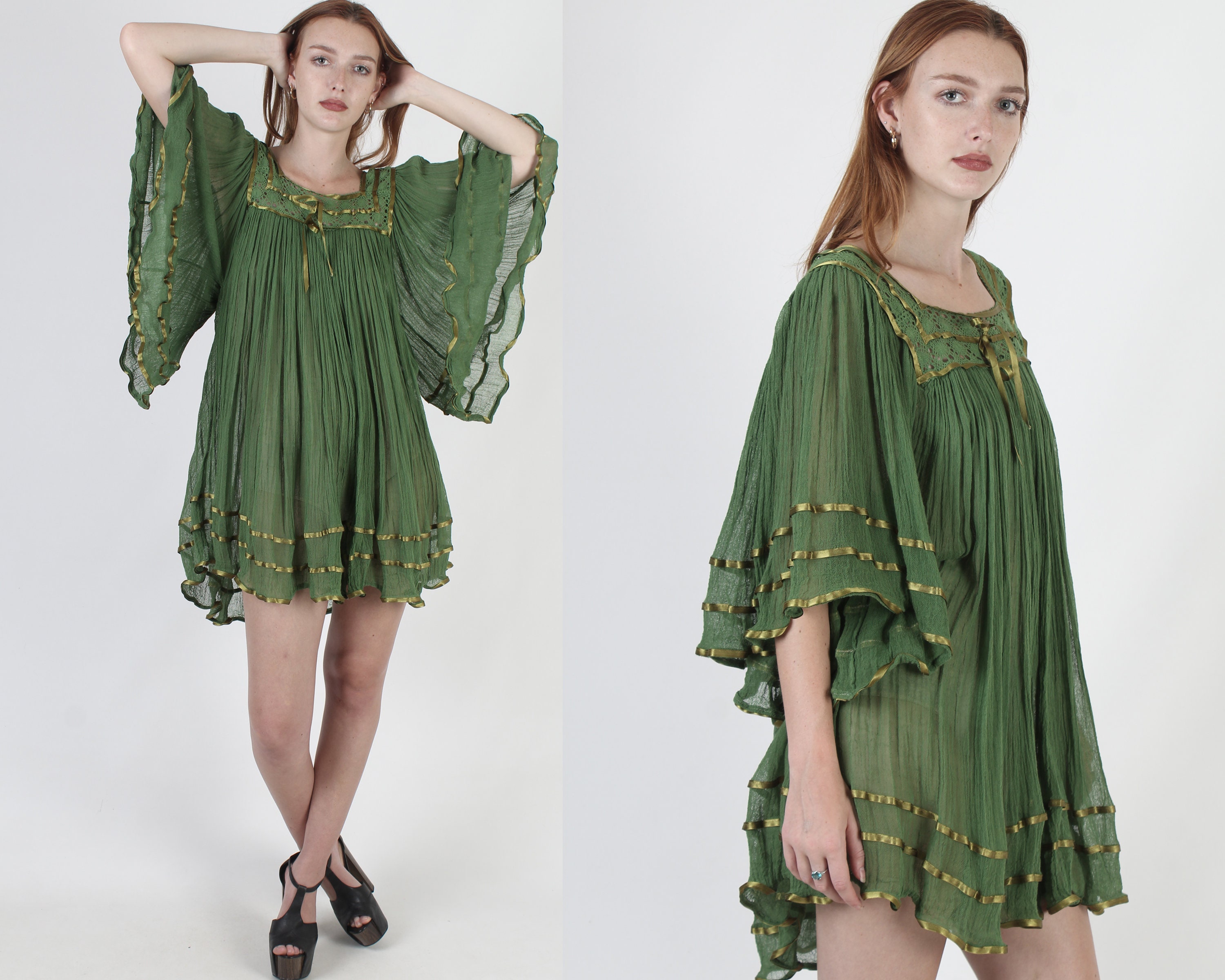 Green Mexican Gauze Mini Dress Lightweight Thin Kimono Sleeves Vintage Crochet Lace Angel Top