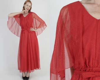 Mike Benet Formals Red Chiffon Dress Vintage 60s Holiday Party Gown Avant Garde Designer Belted Bridal Maxi Dress