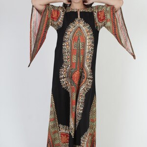 70s Navy Dashiki Maxi Dress / Large Indian Bell Sleeve Ethnic Gown / Wing Kimono Style Angel Arms / Vintage Bohemian Festival Caftan image 4