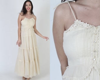 Candi Jones Cottagecore Peplum Style Dress / 70s Designer Thin Spaghetti Tie Straps / Plain Romantic Bohemian Wedding Gown