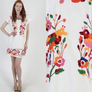 Mexican Birds Dress White Cotton Embroidered Caftan Womens Ethnic Beach Cover Up Dressing Kaftan