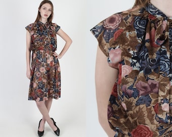 Vintage 70s WildFlower Prairie Dress / Sheer Bow Tie Autumn Garden Floral / Simple Secretary Midi Mini Dress