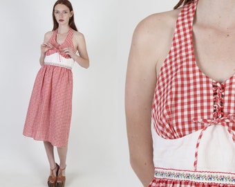Americana Checkered Dress / Lace Up Corset Tie Bodice / Red White Checkered Gingham Parade Mini