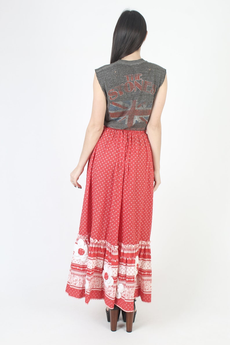 Long Cottagecore Embroidered Applique Floral Skirt, High Waisted Full A Line Fit, Red Cotton Prairie Maxi Outfit image 6