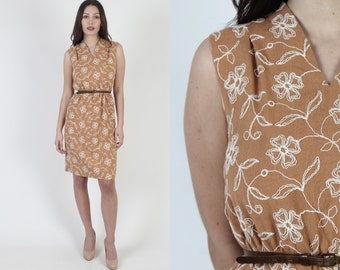 50s Embroidered Floral Party Dress / 1950s Rockabilly Cross Stitched House Frock / MCM Style Delicate Mid Century Dress