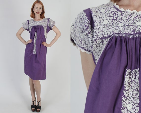 Purple Cotton Oaxacan Dress All White Hand Embroi… - image 1