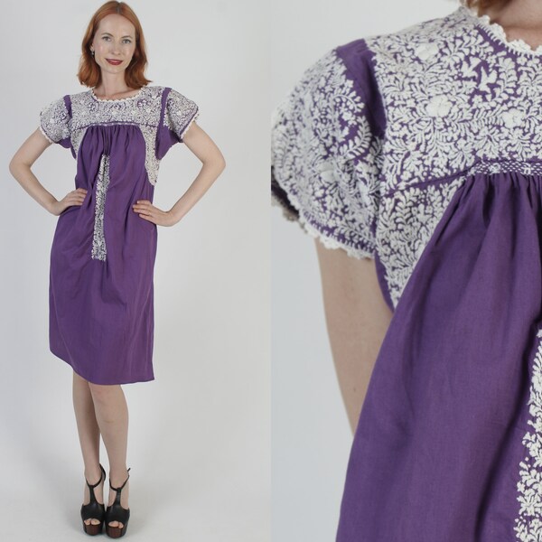 Purple Cotton Oaxacan Dress All White Hand Embroidery Traditional Mexican Fiesta Cover Up Folklórico Style Sundress