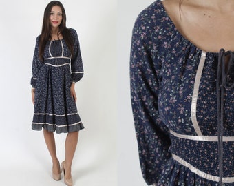 Navy Calico Gunne Sax Pockets Dress / 70s Country Folk Style / Jessica McClinotck Prairie Sundress