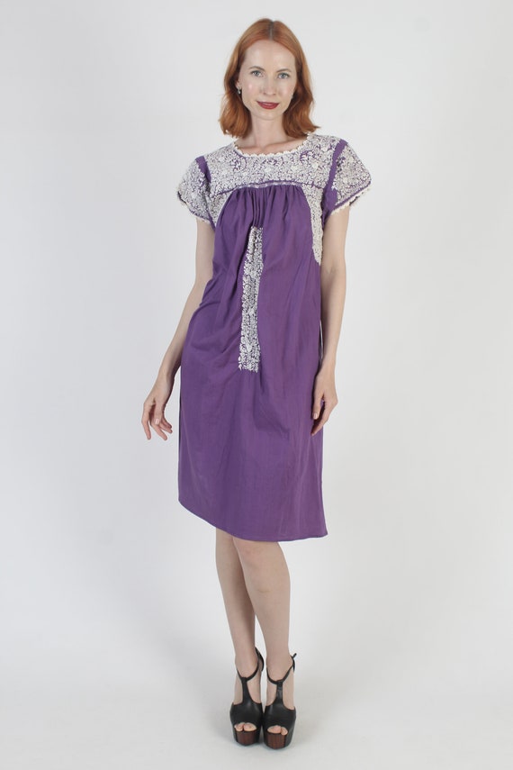 Purple Cotton Oaxacan Dress All White Hand Embroi… - image 3