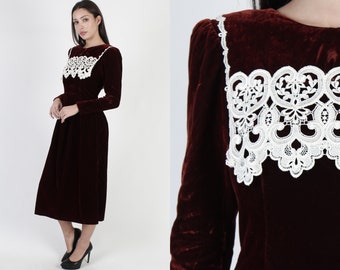 Vintage Gunne Sax Burgundy Velvet Dress, Jessica McClintock Victorian Goth Crochet Detailed Dress Size 7/8