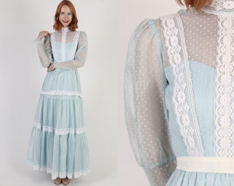 Southern Belle Polka Swiss Dot Dress Vintage 70s Romantic Country Saloon Gown Full Skirt Plantation Style Maxi