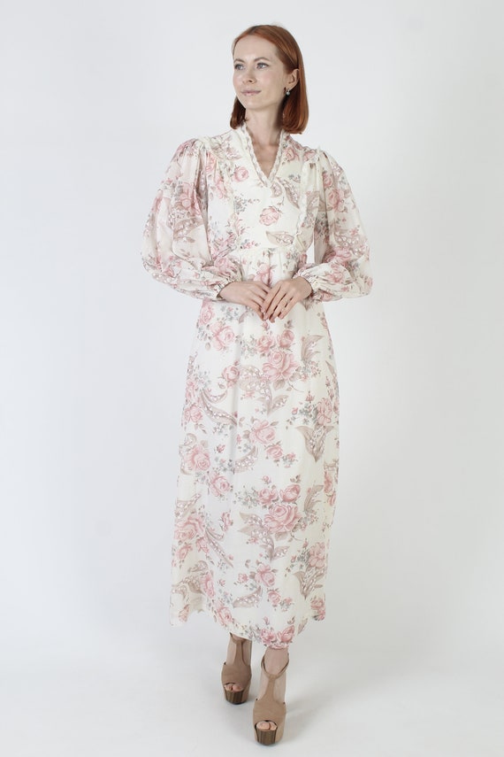 Rose Print 70s Floral Maxi Dress, Vintage 70s Poe… - image 4