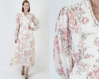 Rose Print 70s Floral Maxi Dress, Vintage 70s Poet Puff Sleeves, Long Loose Fitting Cottagecore Outfit, All Over Print Boho Style