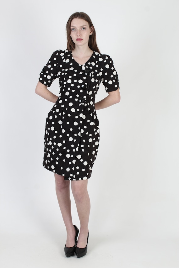 Black Polka Dot Dress / 1980s White Spotted Wiggl… - image 2