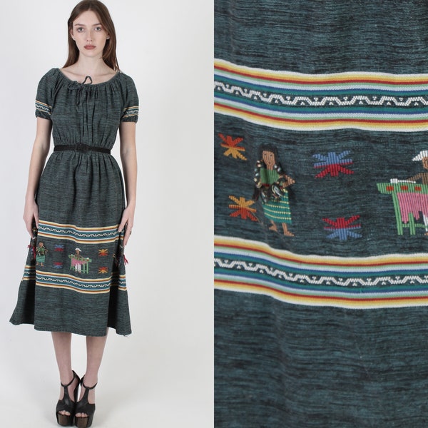 Teal Guatemalan People Tent Dress / Vintage Traditional Mayan Village Print /  Traditional Woven Embroidered Midi Mini Dress