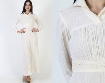 Simple Bohemian Gauze Wedding Dress Vintage 70s Crinkle Cotton Maxi Muslin Material Prairie Style Dress