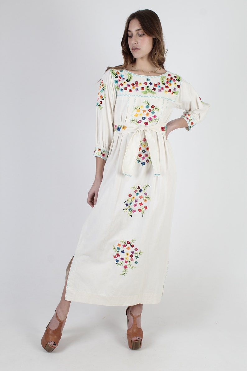 Embroidered Mexican Maxi Dress With Matching Belt Bright Floral Hand Embroidery Vintage 70s Ivory Cotton Belted Caftan Long Dress