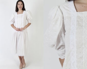 vintage 80s White Gunne Sax Dress, Plain Cut Out Eyelet Material, Robe de demoiselle d'honneur en dentelle brodée florale simple