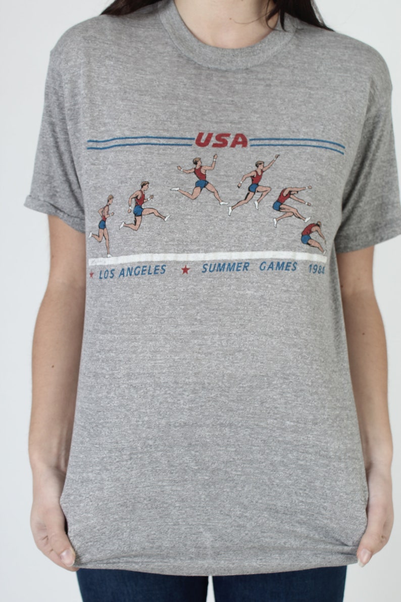 1984 Heather Grey USA Olympic Games T Shirt, Soft And Thin Single Stitch Tee, 80s Vintage Summer Games L image 6