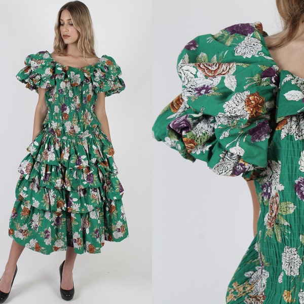 Diane Freis Long Tiered Dress 1980s Diane Fres Smocked Dress Vintage 80s Green Floral Cocktail Ball Gown 3D Tier Avant Garde Maxi Dress