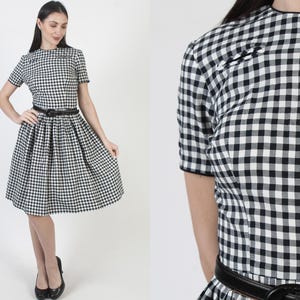 Black Gingham Knee Length Dress, Vintage 50s Checker Print, Full Skirt Rockabilly Mini