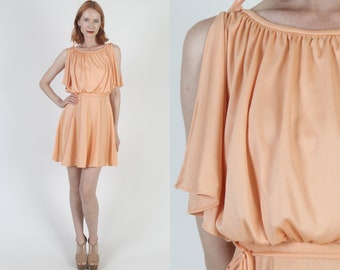 Apricot 70s Grecian Goddess Dress Disco Lounge Split Sleeve Mini Vintage Womens Toga Party Dress With Belt