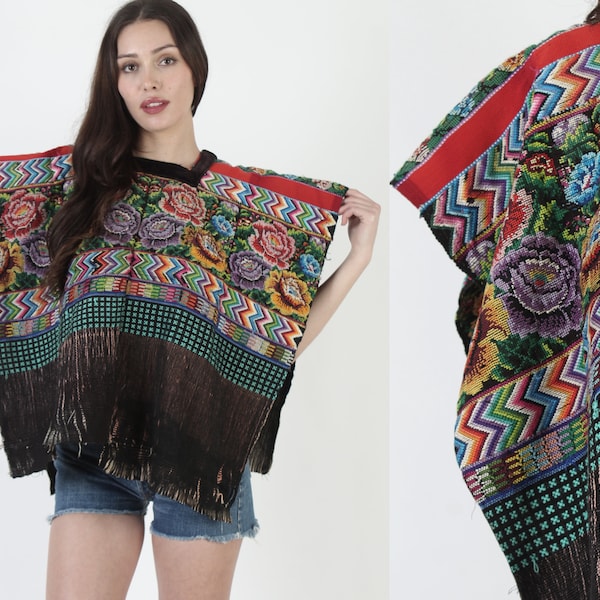 Embroidered Huipil Woven Poncho Ethnic Textile Draped Tunic Hand Stitched Mayan Caftan Top