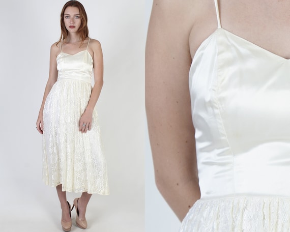 Crisp Ivory Lace Satin Dress Size Small, Spaghett… - image 1